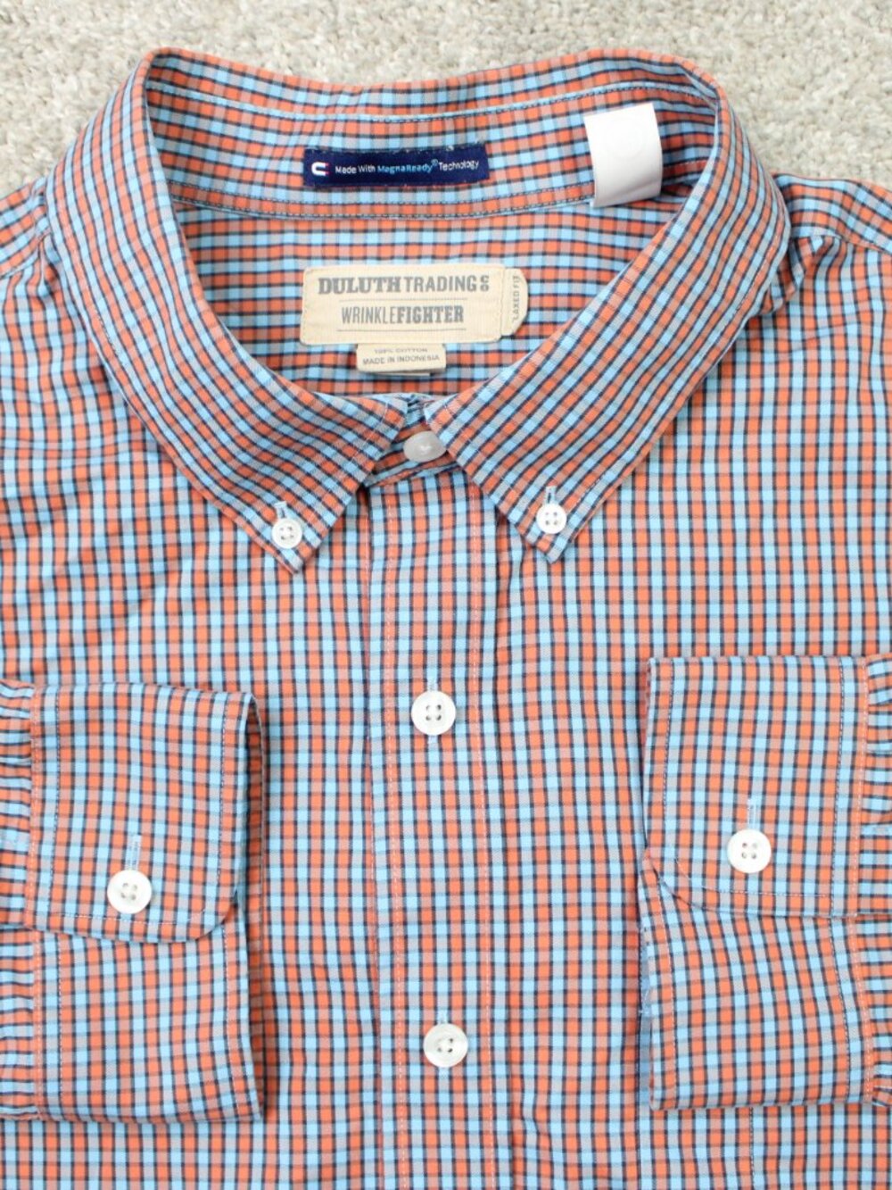 Duluth Shirt Mens XLT XL-Tall Orange/Blue Magnet Wrinklefighter Relaxed Fit L/S